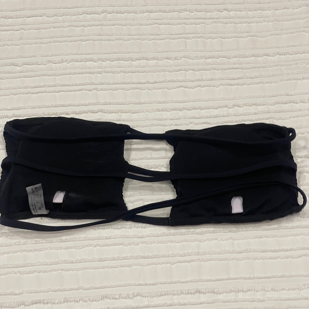 Black Textured Print Bandeau Padded Bikini Top, SZ Medium